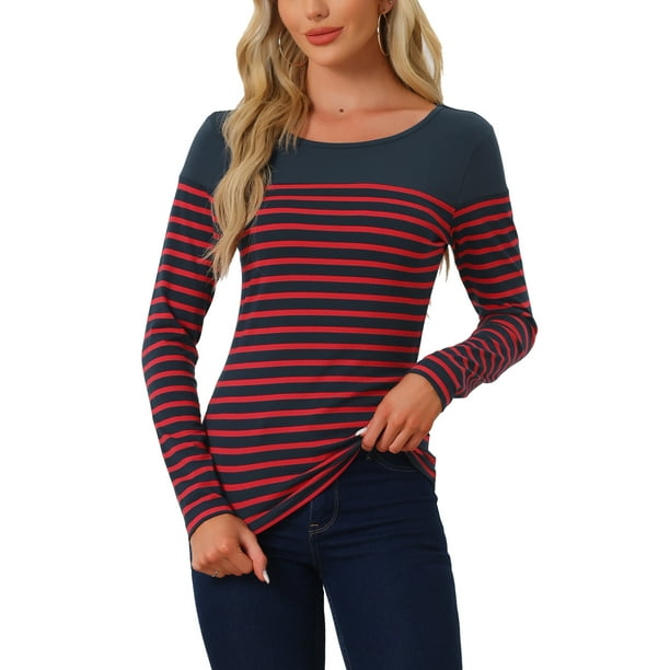 BLUSA CHIC PARA MUJER INSPIRADA, A RAYAS, BLOQUE DE COLOR, DE MANGA LARGA, CAMISETA CASUAL, TALLA XS, AZUL MARINO Y ROJO