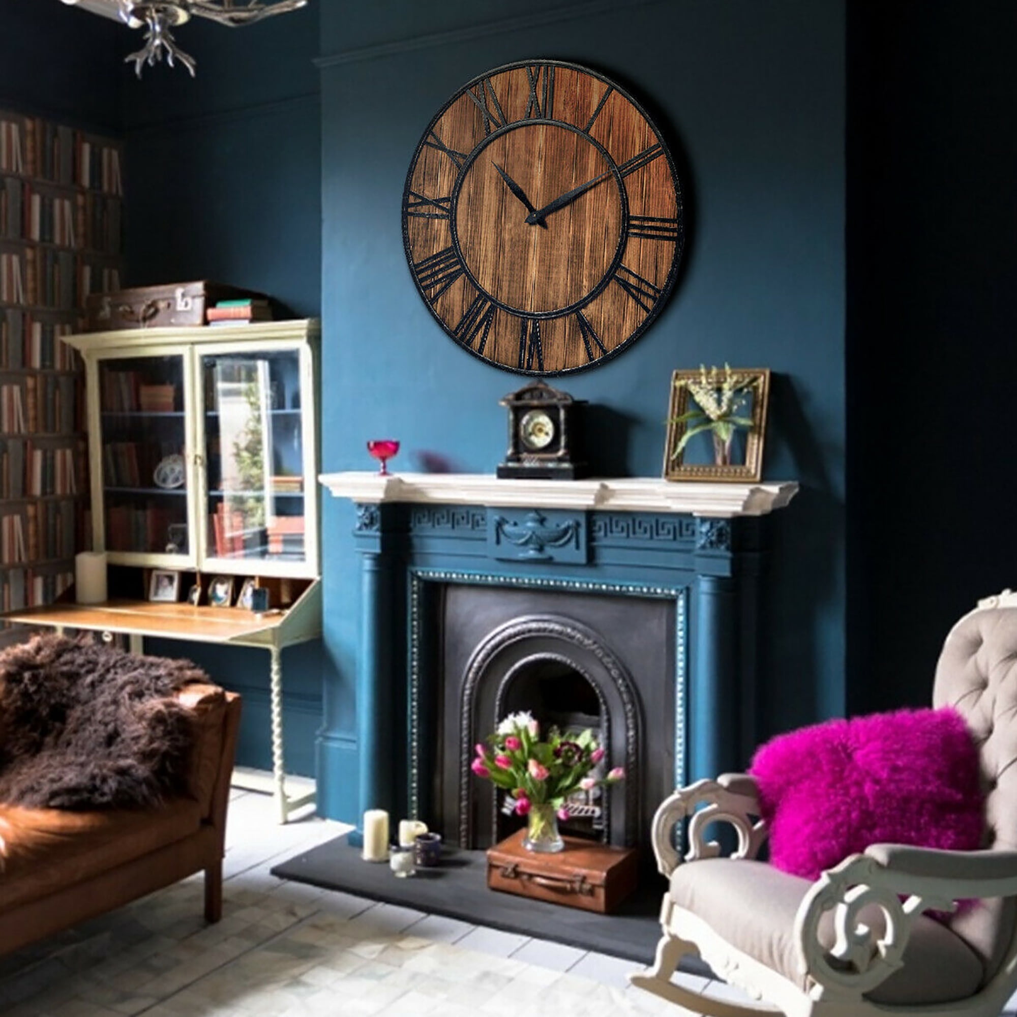 Costway 30'' Round Wall Clock Decorative Wooden Clock Come With Battery