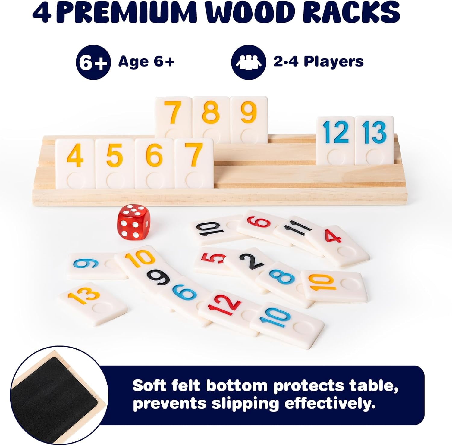 WAAYEE Rummy Cube Game Set, Classic Family Board Game, 106 Rummy Tiles with 4 Wooden Racks, Portable Carrying Case, 1 Pack