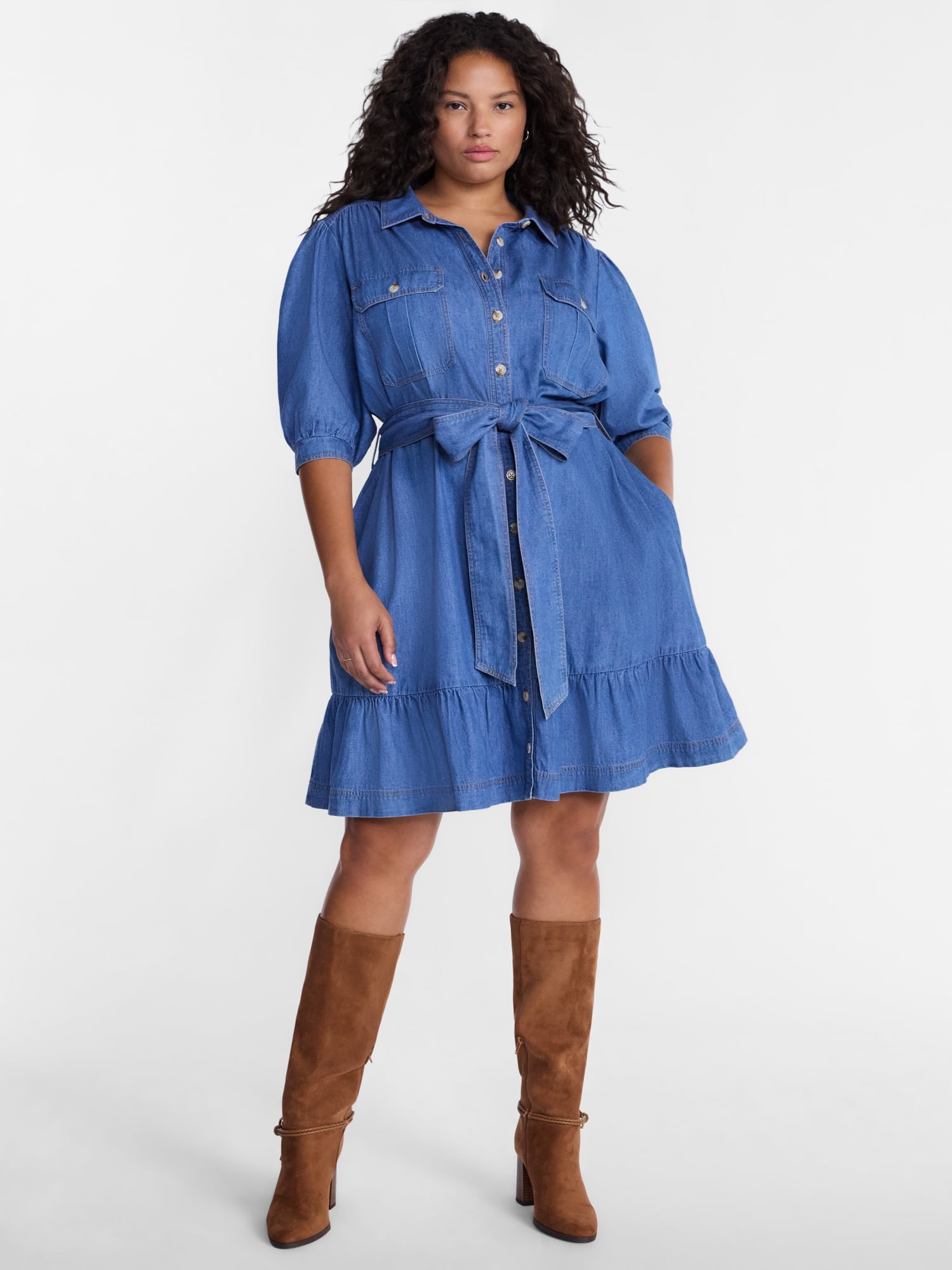 Terra & Sky Denim Belted Mini Shirtdress with Short Puff Sleeves, Sizes 0X-4X