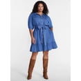 thumbnail image 2 of Terra & Sky Denim Belted Mini Shirtdress with Short Puff Sleeves, Sizes 0X-4X, 2 of 5