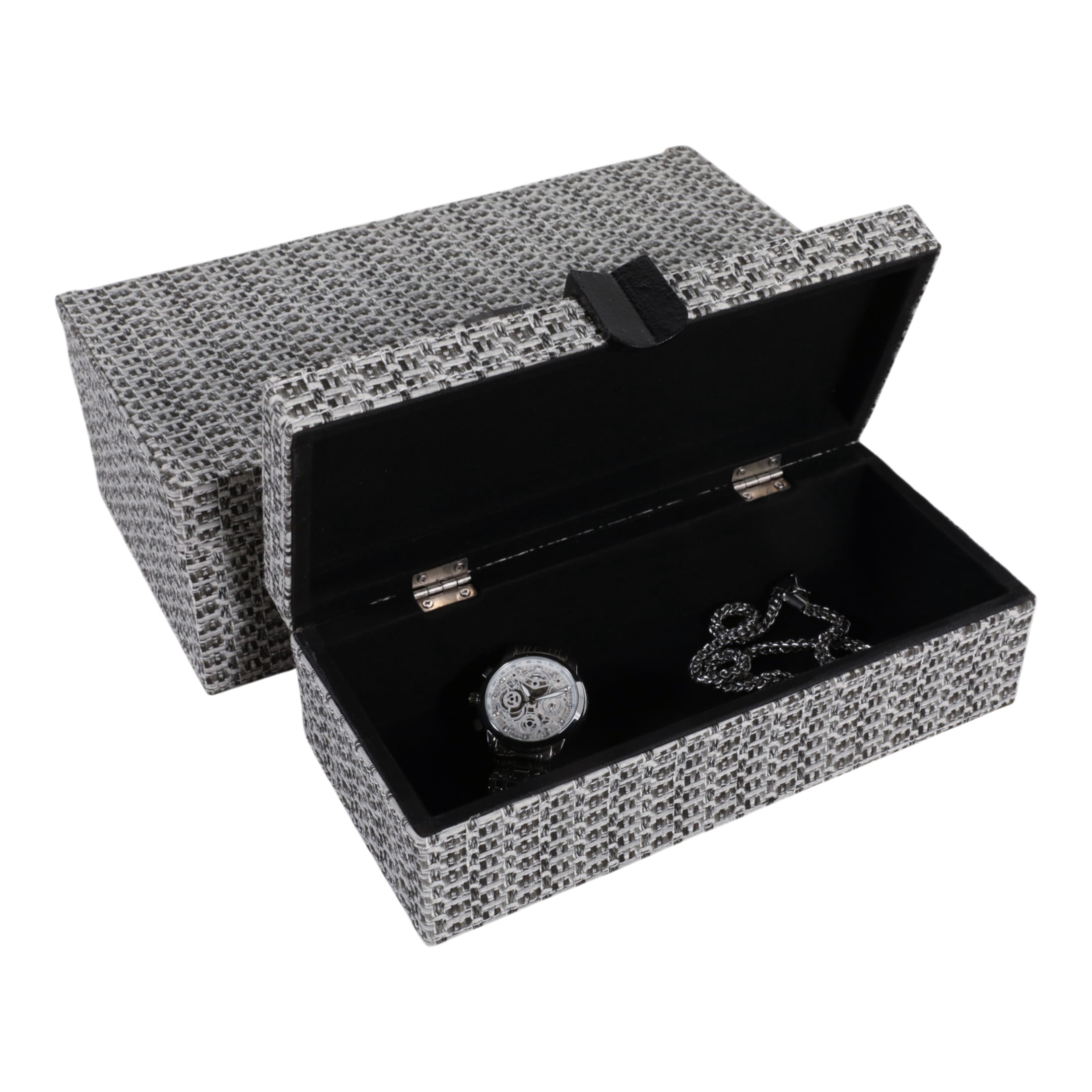 Rectangular Snakeskin Decorative Box with Hardware for Home Decor - Modern Keepsake Storage Boxes with Lid for Jewelry - Organizer Accents for Bedroom Vanity Styling - Set of 2, 4", 3", Black & Brown
