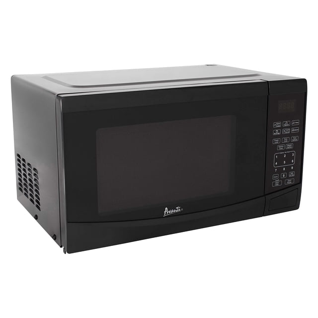 avanti mt09v1b horno microondas compacto de 900 vatios con 10 niveles de potencia y 6 configuraciones de cocción preestablecidas, descongelación rápida, panel de control electrónico y plato giratorio — microondas negro de encimera, vista frontal 3/4 con puerta con ventana y logo Avanti en el frente; panel táctil numérico y pantalla LED a la derecha con botones preprogramados (palomitas, papa, pizza), ventilación lateral y plato giratorio de vidrio extraíble; ideal para departamentos, oficinas o casas pequeñas y apto para calentar bebidas y comidas rápidas.