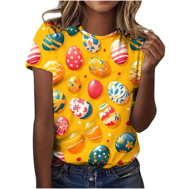 Pisexur Hauts pour Femmes Blouses Décontractées Élégantes Imprimé de Pâques Manches Courtes Col Rond, Grande Taille Multicolore, TG