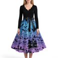 thumbnail image 4 of Halloween Dresses for Women Spider Bat Long Sleeve Hepburn 1950s Fall Tea Length Dress V Neck Cocktail Vintage Retro Dresses with Belt 4XL, 4 of 5