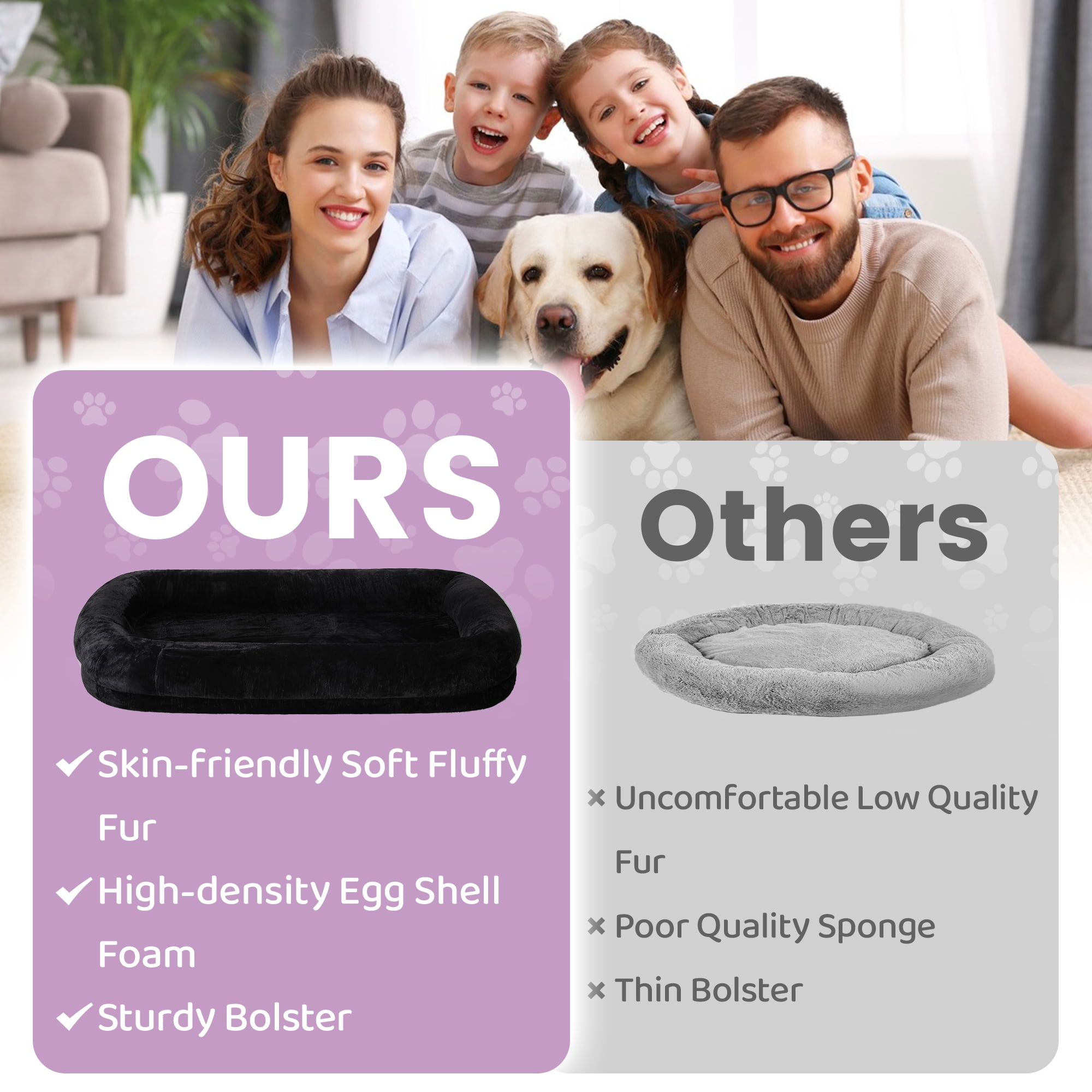 Skandiquip Human Dog Bed for Pets and Adults, 71"x43"x10" Orthopedic Memory Foam Lounger, Washable Faux Fur Cover with Blanket, Non-Slip Elastic Base, Black