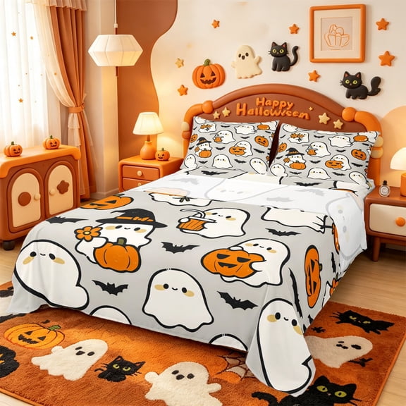 Manfei Cartoon Halloween Bed Sheets,Spooky Ghost Bat Full Size Sheets,4pcs,1 Flat Sheet,1 Fitted Sheet and 2 Pillowcases