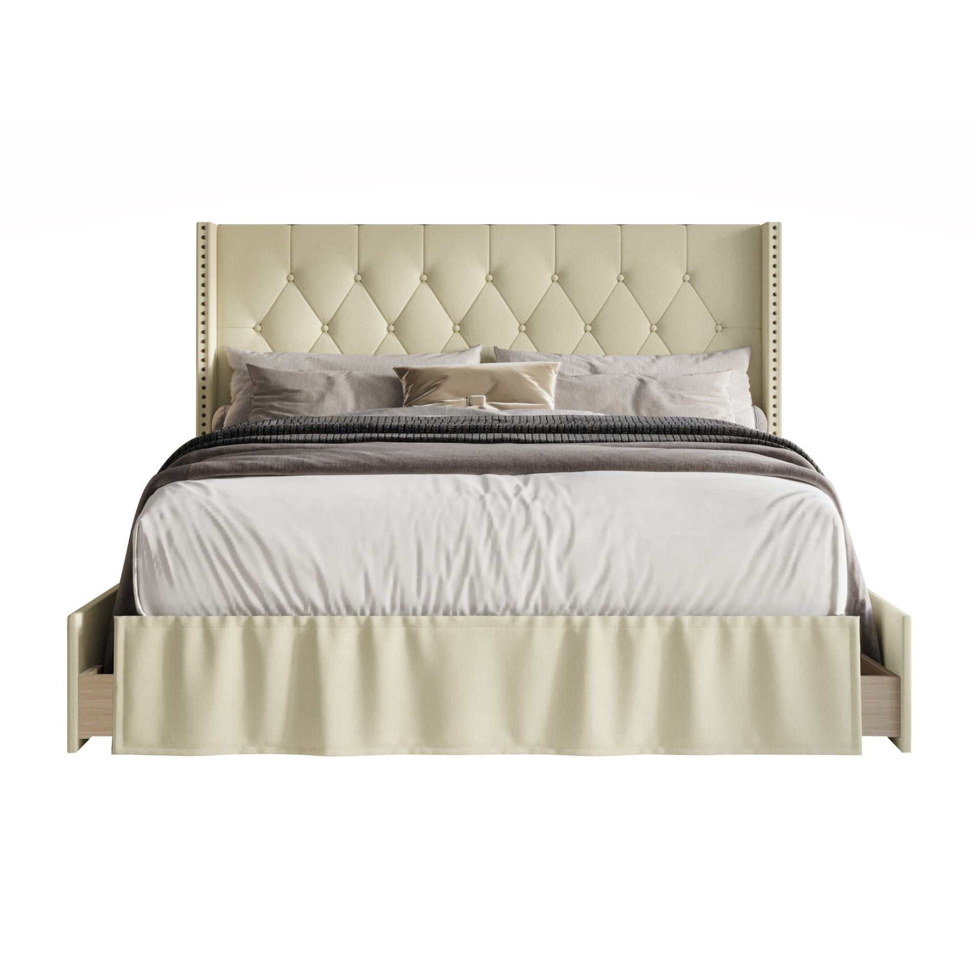 Home Design Andrea Queen Upholstered Storage Panel Bed Frame, Button Tufted Linen Wingback Headboard, Beige – Modern Adult Bedroom Furniture