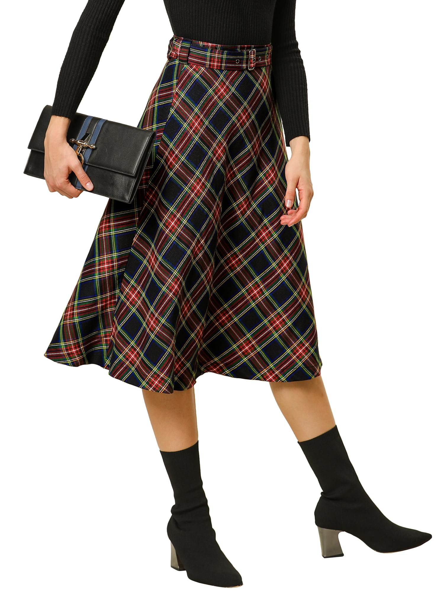 DARING DIVA Women's Plaid Belted Vintage A-Line Midi Skirt S Dark Blue
