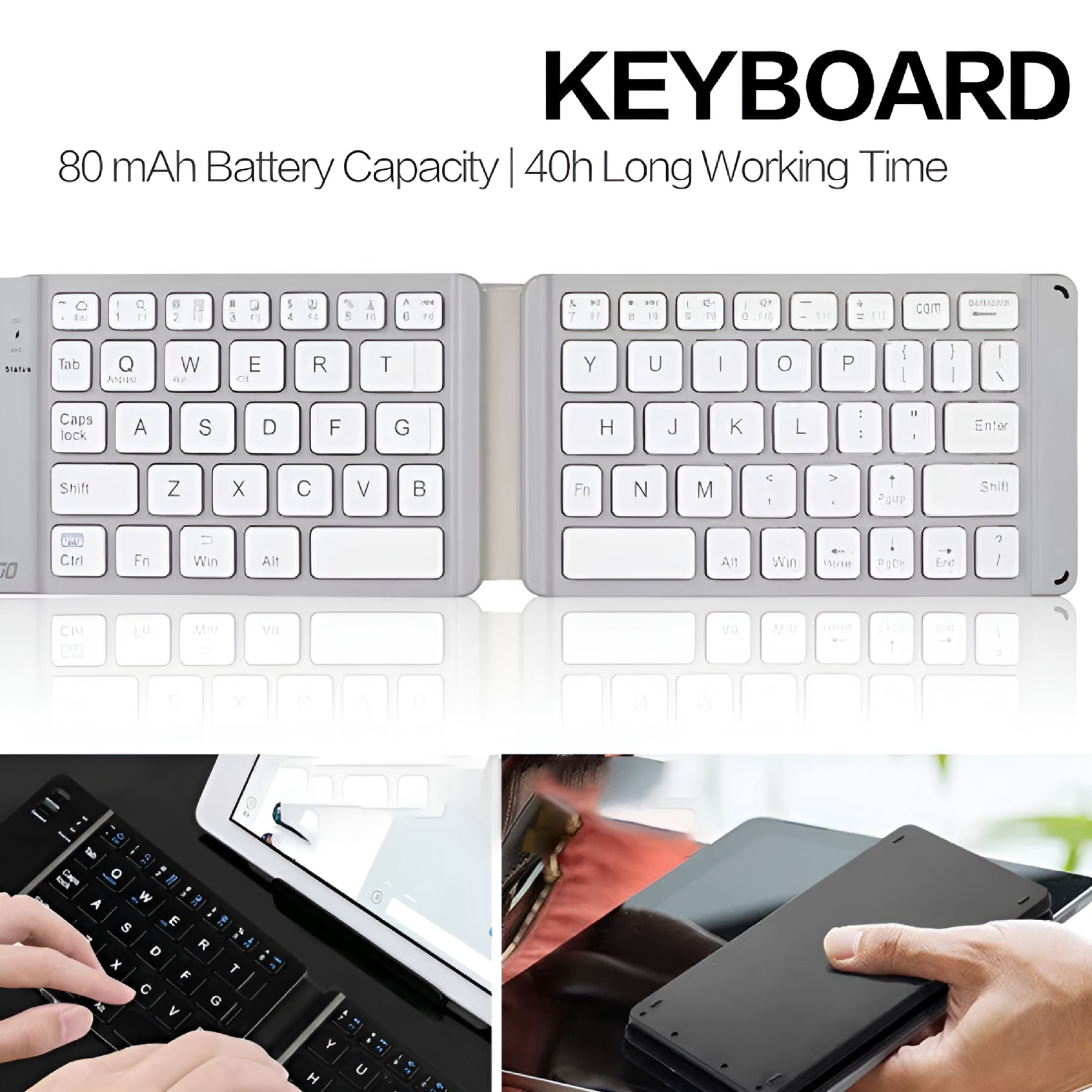 GJX Foldable Bluetooth Keyboard - Portable Wireless Rechargeable Ultra-thin Quiet Keyboard with Compact Folding Design and Built-in Battery,Universal for Tablets,Smartphones,Laptops