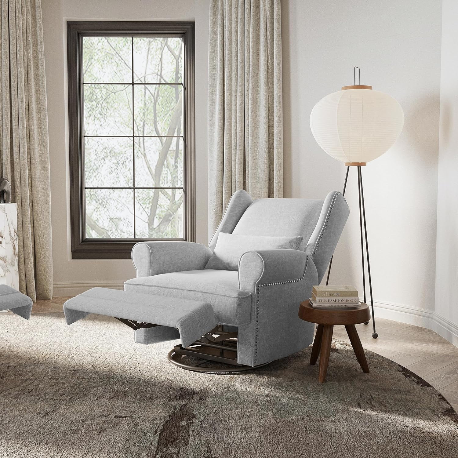 Heynemo Swivel Nursery Glider Recliner Comfy Upholstered Glider Chair Swivel Rocking Chair for Living Room, Gray