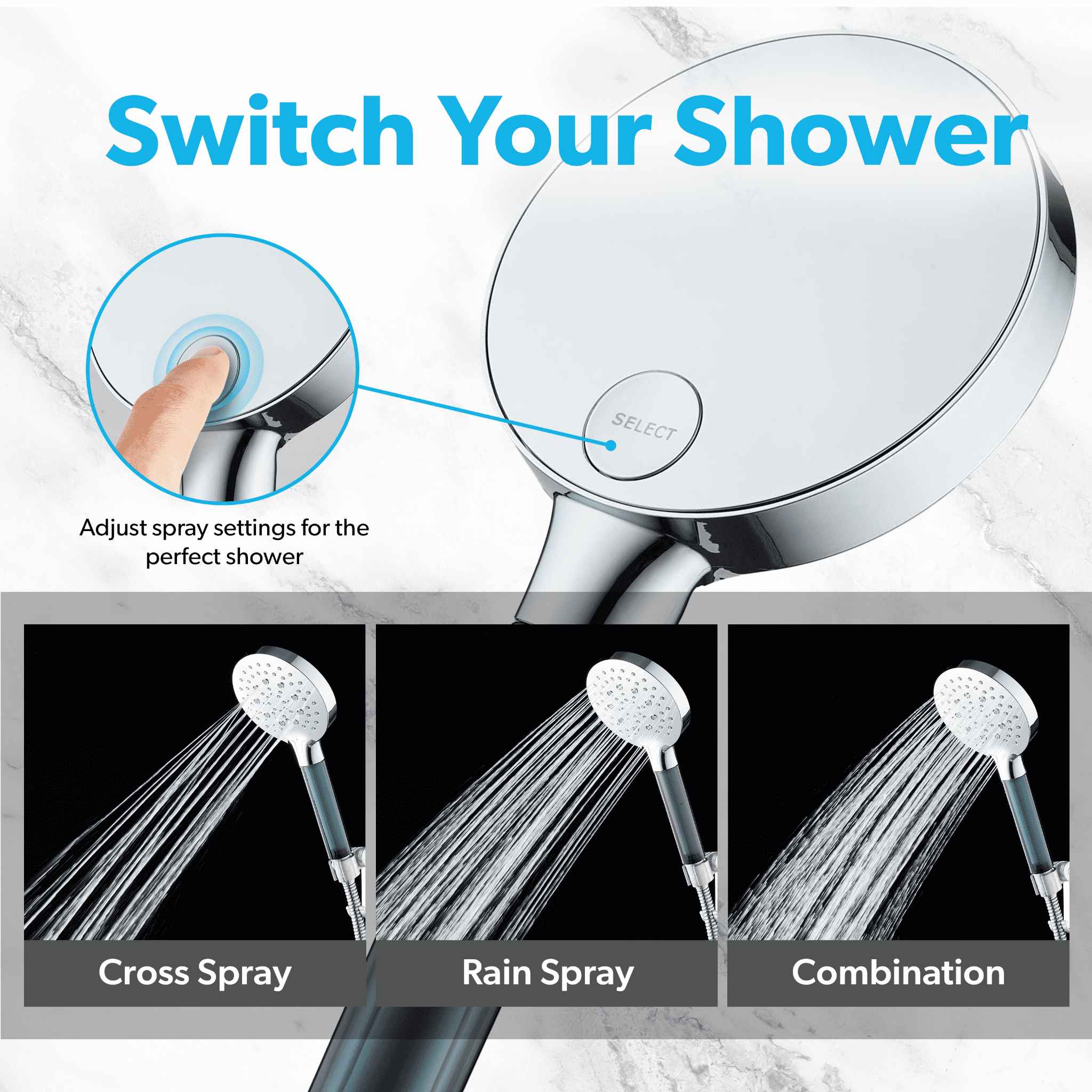 BLACK+DECKER Handheld Shower Head w/ 3 Spray Settings, Water Filter, & Stainless Steel Hose, Chrome