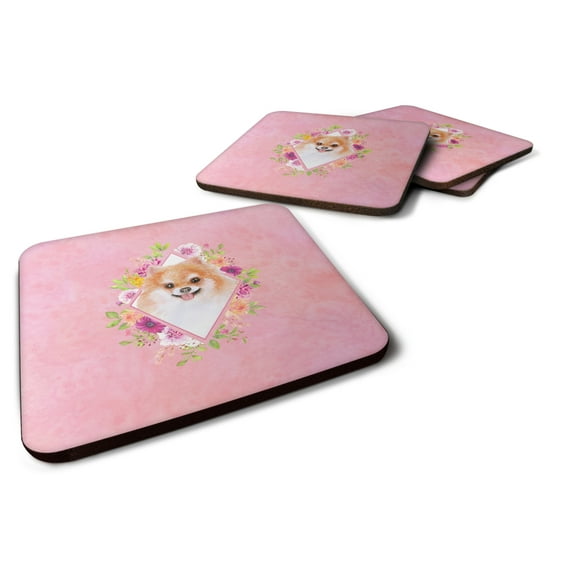 Carolines Treasures CK4169FC Pomeranian Design1 Pink Flowers Foam Coaster Set of 4 3 1/2 x 3 1/2 multicolor