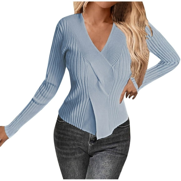 cfhntfmh Womens Long Sleeve Shirts V Neck Slim Fit Lightweight Sweater Cross Wrap Front Pullover Sweater Women Fall Clothes