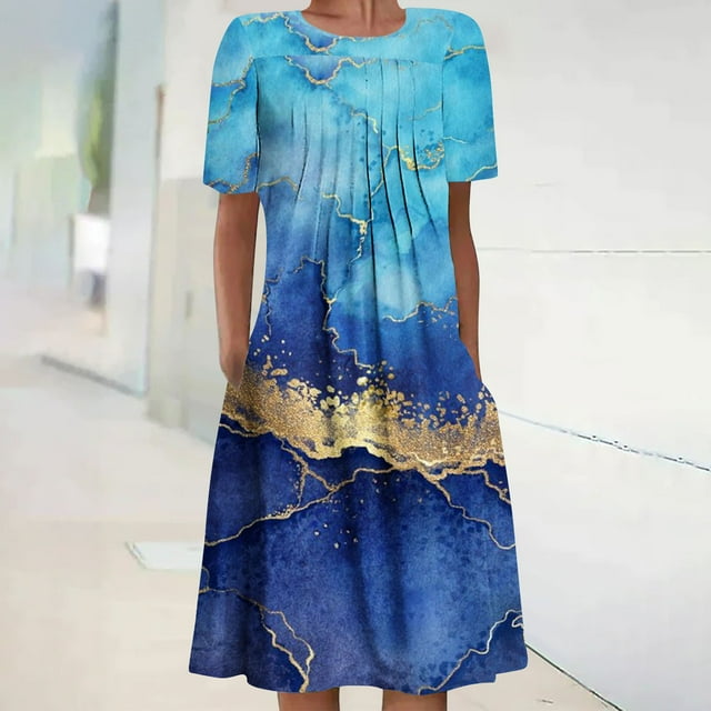 Robe Maxi pour Femmes Été Bohème à Imprimé à Manches Courtes Robe de Plage Robe Longueur Genou Robe à Manches Courtes en Liquidation