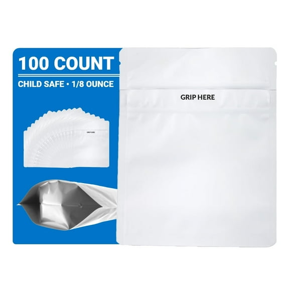 Loud Lock Mylar Bags 100 Count 5.25"x3.75" All White - Child Resistant - Mylar Bags For Food Storage - Resealable Bags