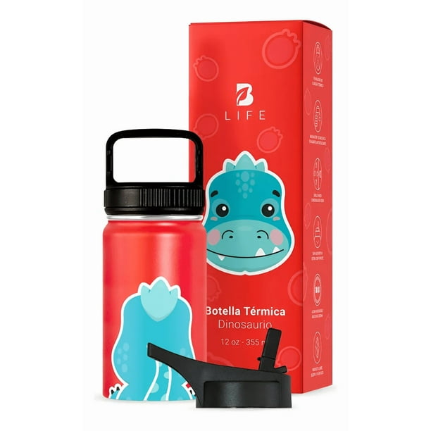 Botella de Agua para Niños 355ml Dinosaurio | Con Asa, 2 Tapas, 2 Popotes y Cepillo | Libre de BPA | B Life