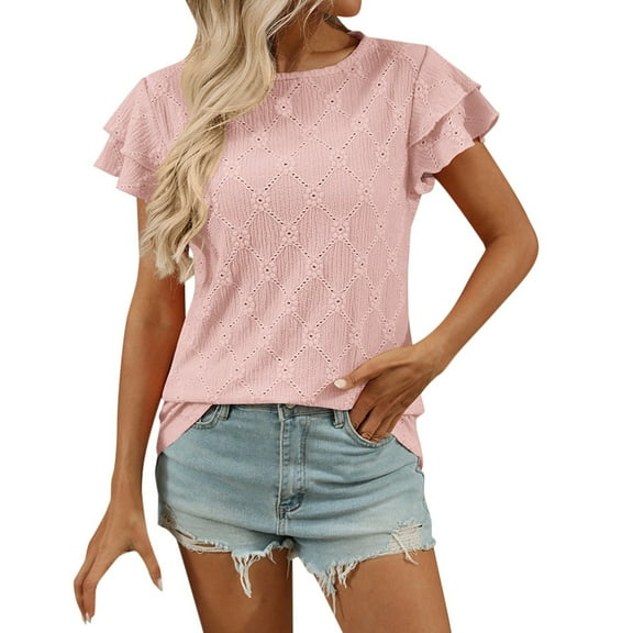 SHITINN Women's Floral Sleeve Hollow Out Round Neck T Shirt for Outdoor Home and Womens Short Sleeve Tops Women's Tops Summer Outfits for Women
