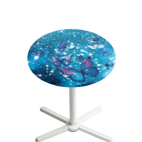 SEANATIVE Cocktail Table Topper Cap Soft Round Fitted Cocktail Tablecloth with Elastic Edge Easy to Install Table Top Cover for Wedding Party Restaurant 24 Inch, Sparkle Butterfly Blue