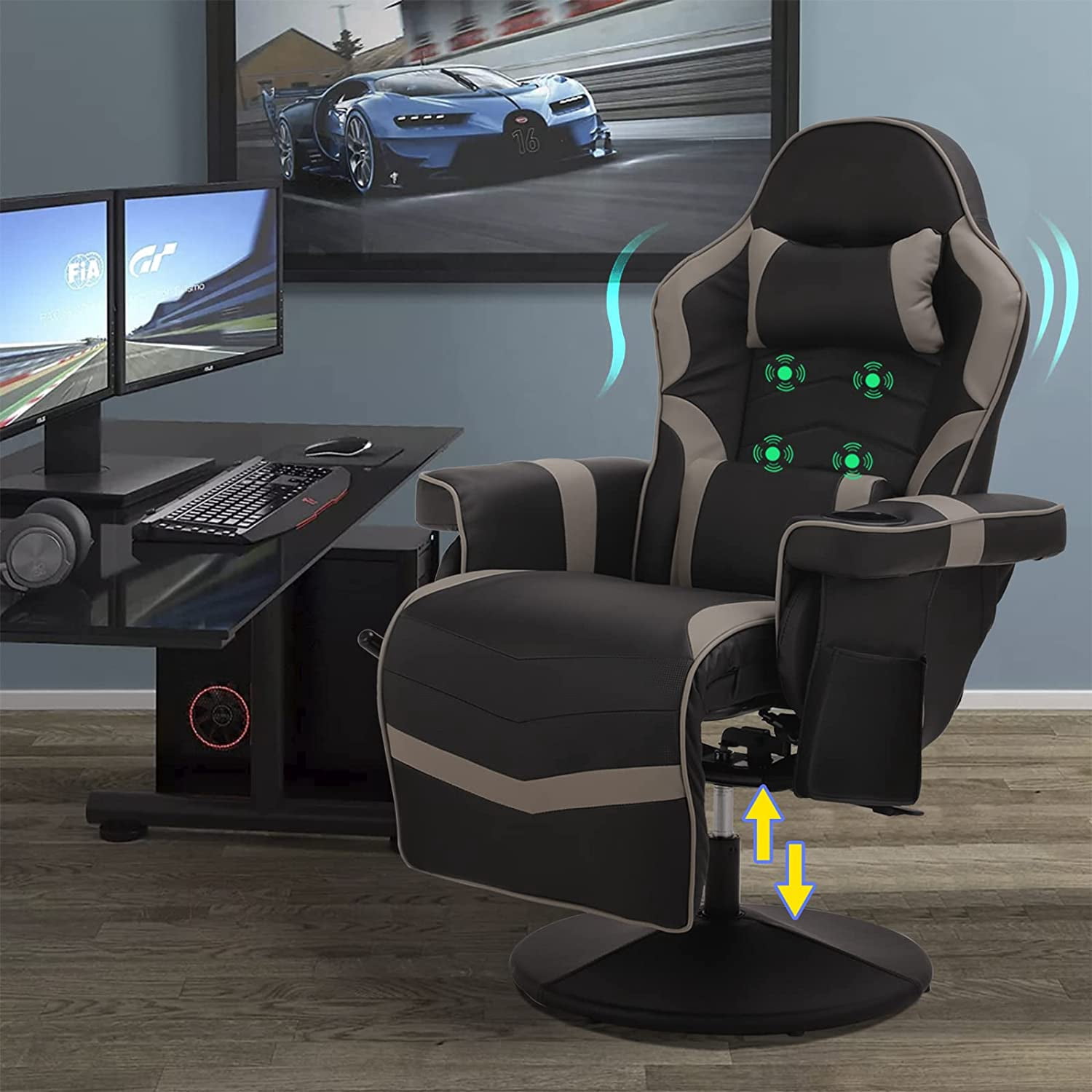 LVUYOYO Massage Gaming Chair Reclining Video Game Chair Ergonomic Office Chair Height Adjustable Gamer Chair with Headrest and Lumbar Support PU Leather High Back Swivel Computer Chair