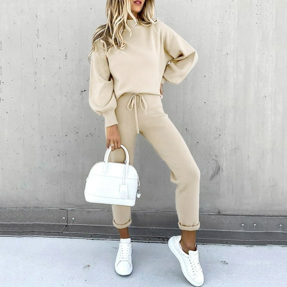 MSJUHEG Two Piece Sets,Wide Leg Two Piece Set for Women,Two Piece Jogger Set,Sweatpant and Sweatshirt Set Women Suit Neck Pant Round Solid Blouse Shirt Pocket Suits & Sets Women Outfit Sets Z Khaki L