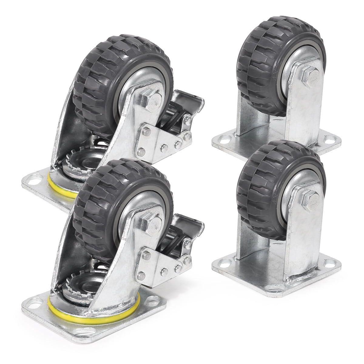 XtremepowerUS 4" Pneumatic Casters Set of 4 (2 Swivel/2 Fixed), Heavy Duty Casters, 1300 Pound Max Weight Capacity, Rubber Knobby Tread For Workbench Cart Trolley, Wagon & Shelves, 2 /w Locking Brake