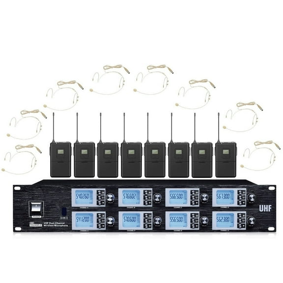 8 Channel UHF Wireless Earset Headworn Microphone System 8 Condenser Stage Mics