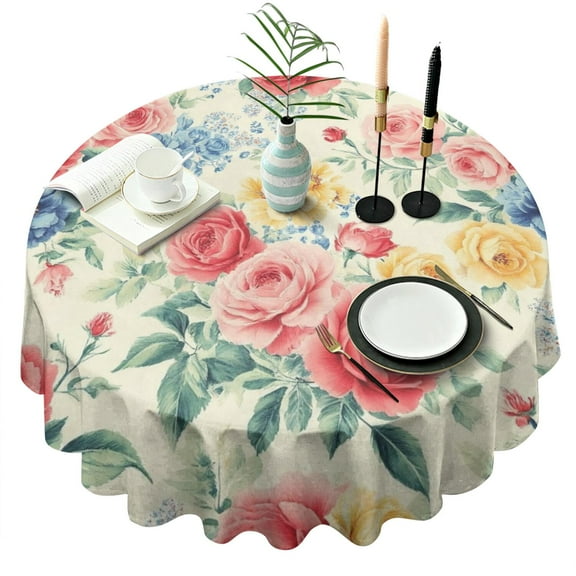 Pioneer Flower Floral Print Pattern Round Tablecloth 60"x60",Wrinkle Wipeable Table Cloth for Kitchen Dining Room Picnic Patio Party