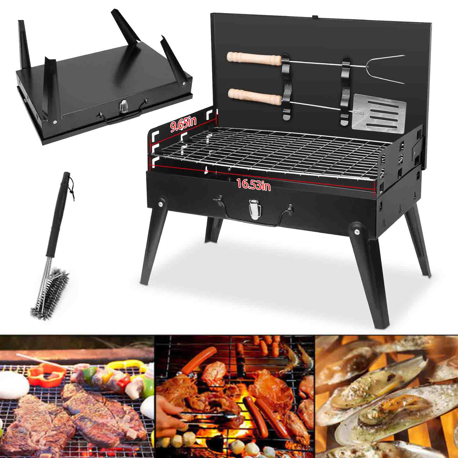 Portable Charcoal Grill Foldable BBQ Suitcase Grill Shelf with Cleaning