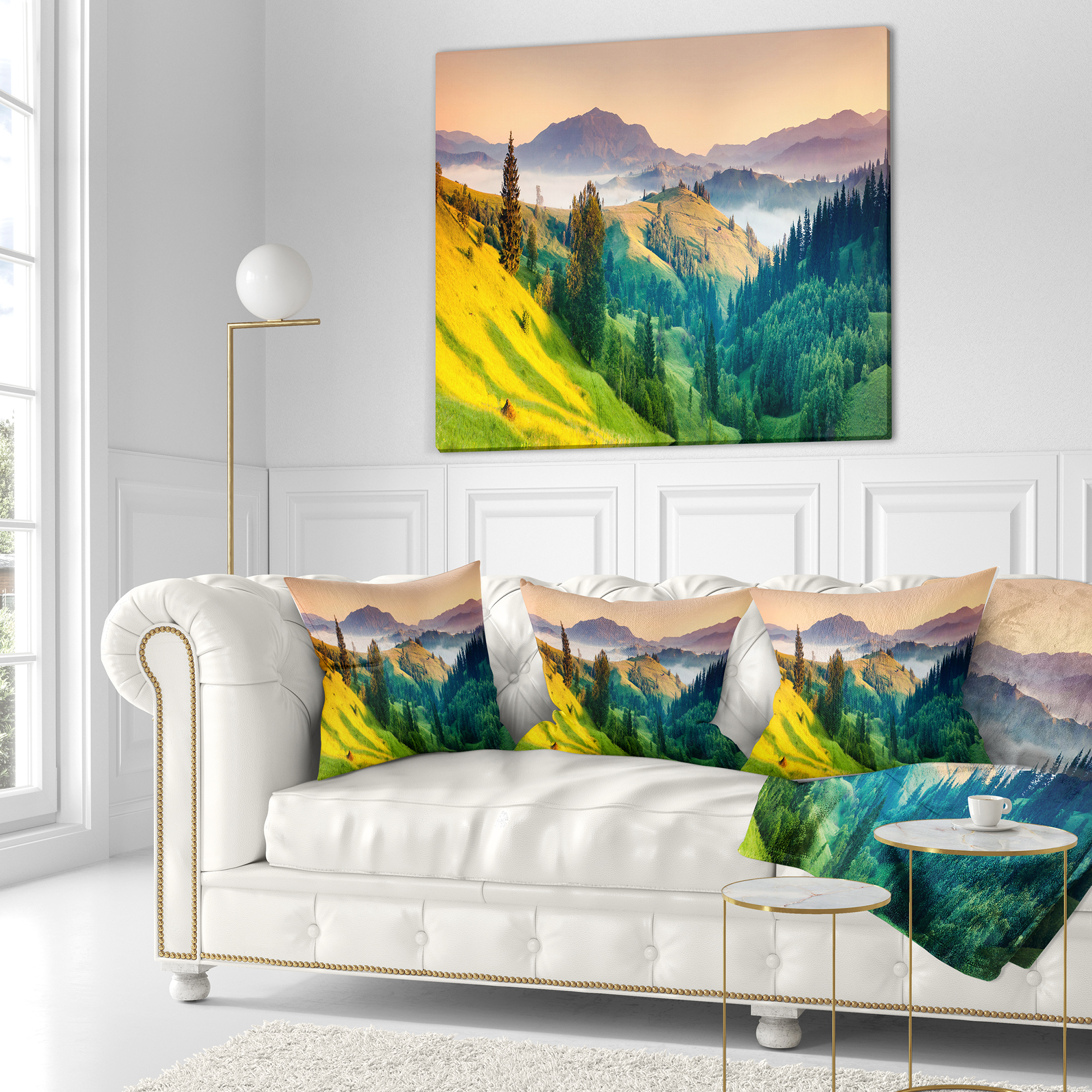 Designart Brightly Green and Blue Mountains - Landscape Printed Throw Pillow - 18x18