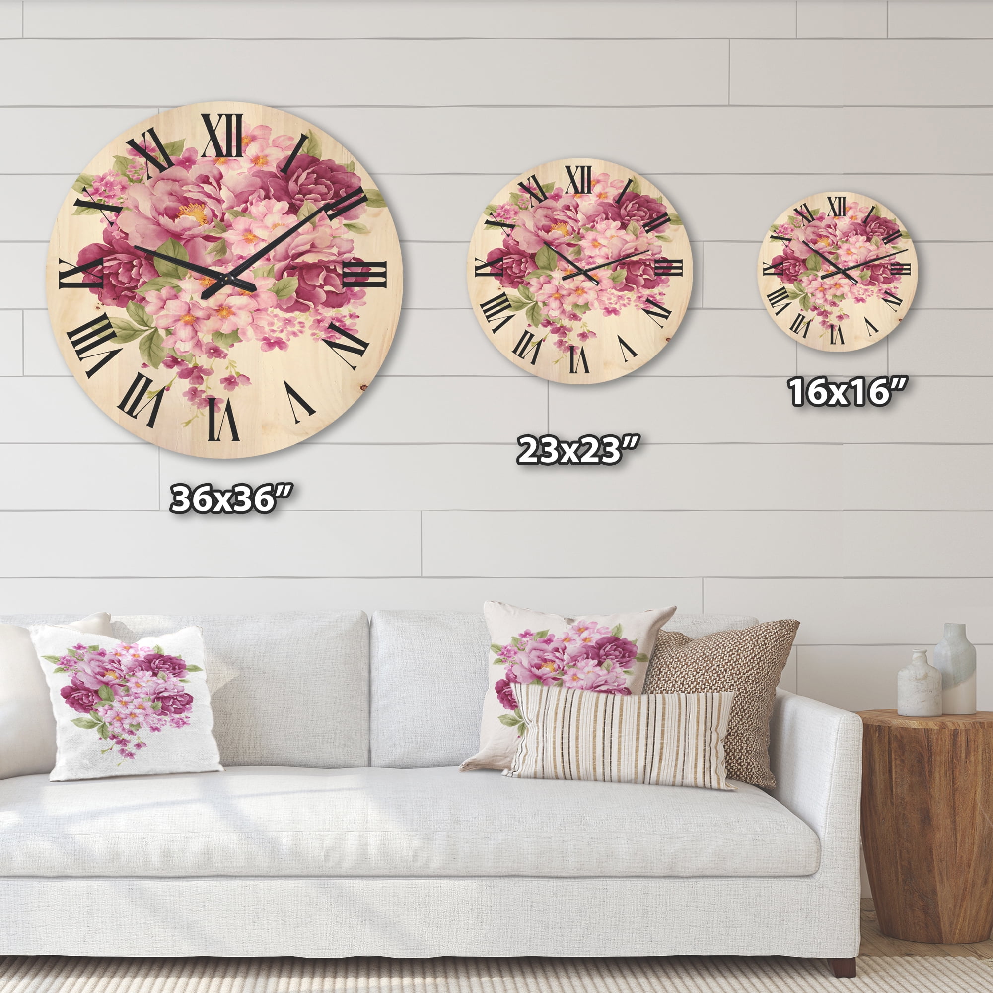 Designart 'Bouquet Of Pink Retro Flowers' Traditional Wood Wall Clock
