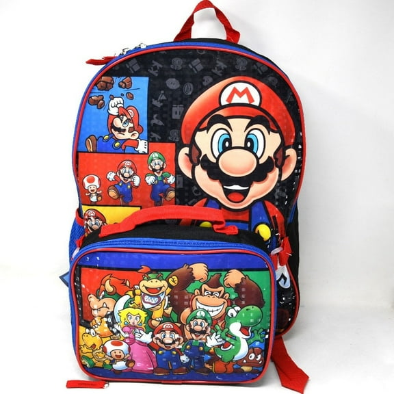 Super Mario Black 16" Backpack with Lunch Bag