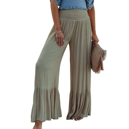 

luethbiezx Women Wide Leg Palazzo Lounge Pants Elastic Waist Ruffle Flowy Trousers Solid Loose Comfy Pajama Bottoms