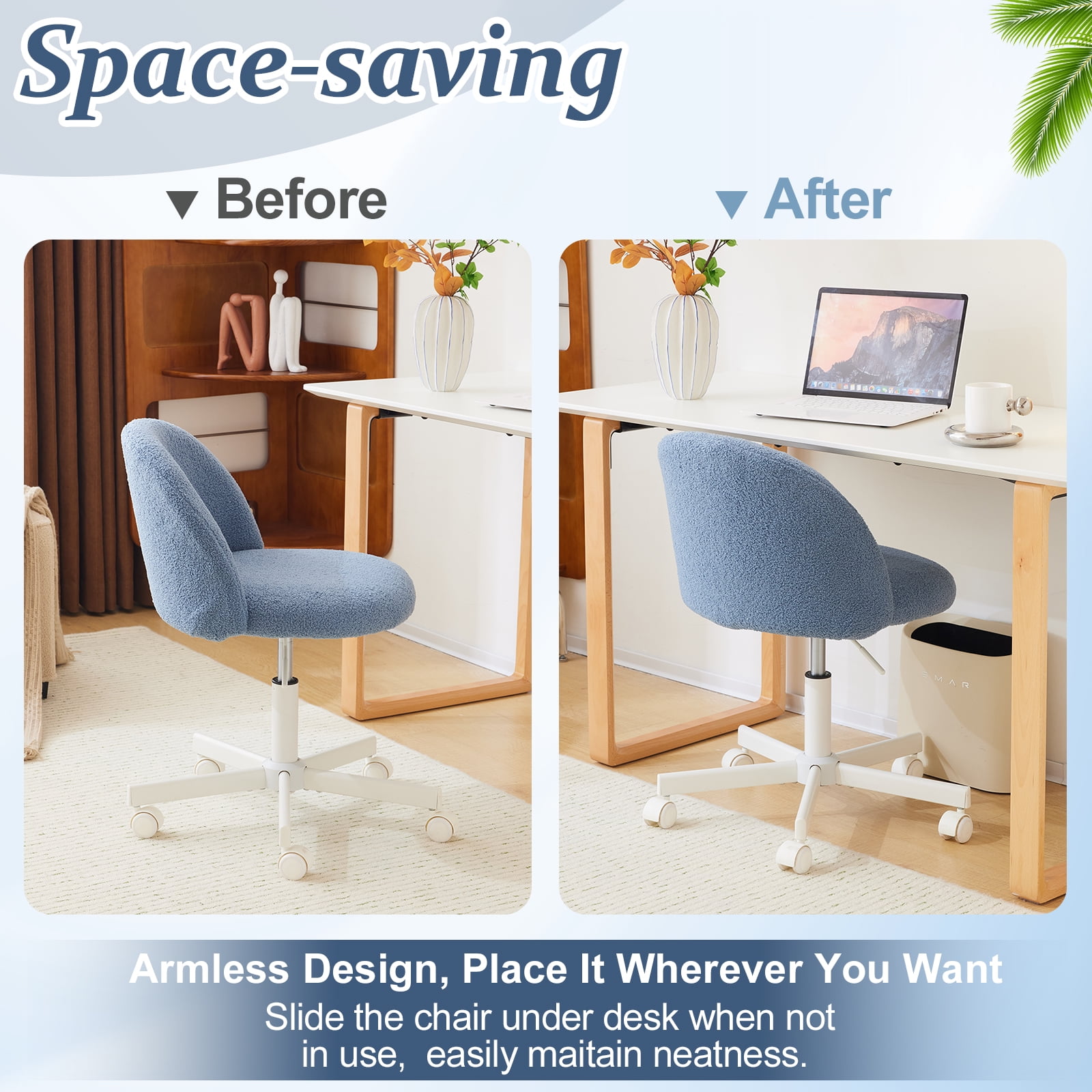 Ktaxon Armless Home Office Desk Chair Cute Mid Back Vanity Stool Teddy Velvet Swivel Task Chairs with Wheels Blue