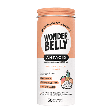 Wonderbelly Heartburn Relief Antacid Tablets, Tropical Fruit Flavor, 1000 mg, 50 Count