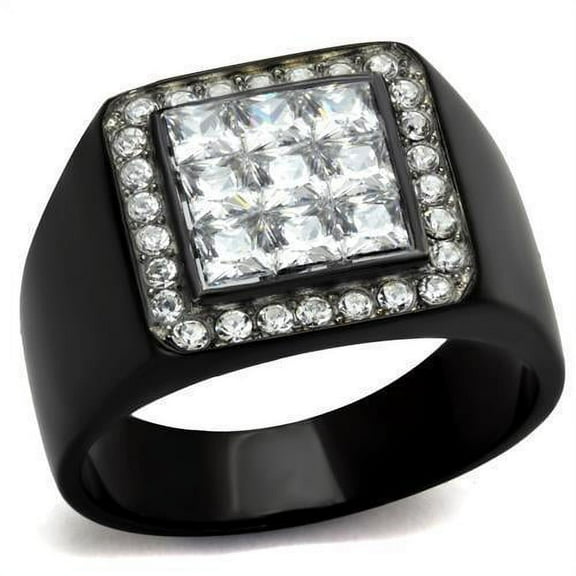 Anillo Color Negro Para Hombres de Acero Inoxidable Nueve Diamantes Corte Princesa