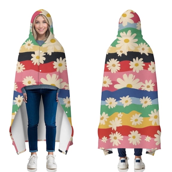 Wearable Blanket,Pioneer Flower Floral Print Pattern Hooded Wearable Flannel Blanket for Adults & Teens with Buckle,Winter Poncho Shawl Wrap Cape,50"x60"