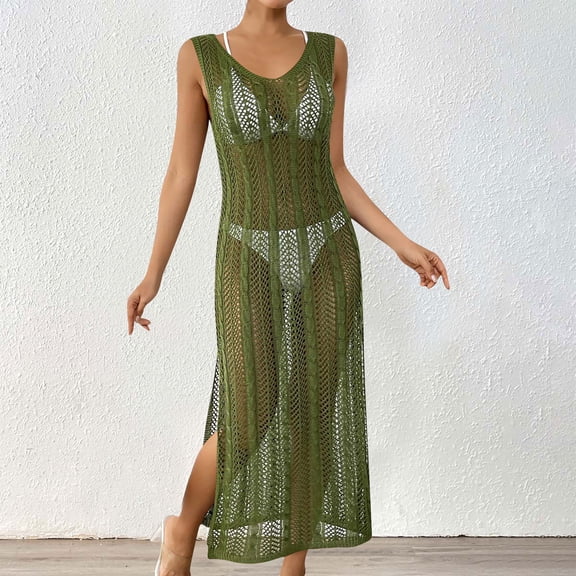 Women's Sleeveless Cable Knit Maxi Swimsuit Cover Up Black with Side Slit Long Beach Crochet Dress for Vacation Cover Ups for Women Green One Size