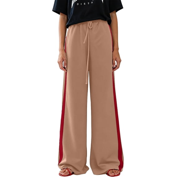 Wutalume Wide Leg Pants for Women Summer Casual, Flowing Beach Trousers with Elastic Waist for Vacation, Cruise, Holiday,Beige L
