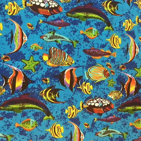 Poly-Cotton Fish Aquarium Print Fabric 58" Wide by 36"(1-Yard) for Arts, Crafts, & Sewing