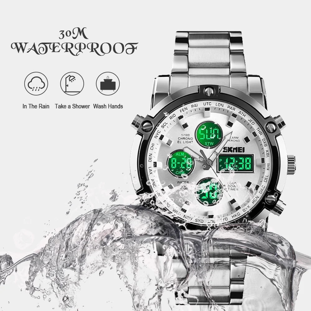SKMEI Mens Wrist Watch, Waterproof Military Analog Digital Watches with LED Multi Time Chronograph, Stainless Steel Business Quartz Watches for Men