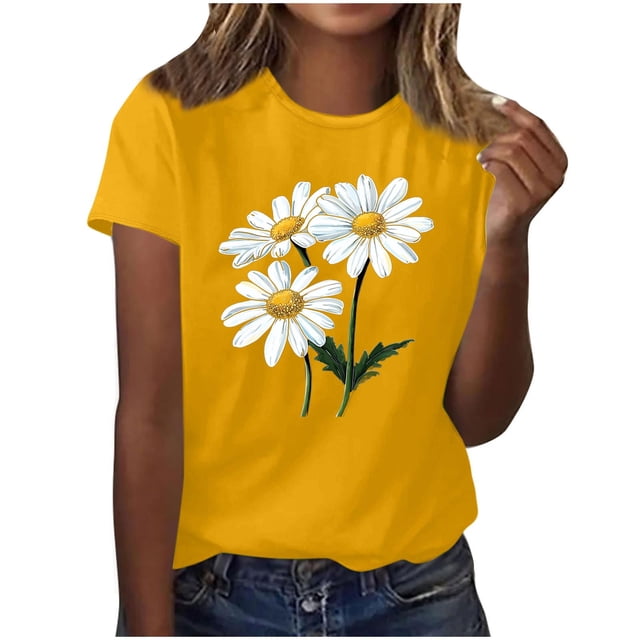 Camisas de Manga Corta para las Mujeres Moda Casual Impresión Cuello Redondo Suéter Tee Blusas