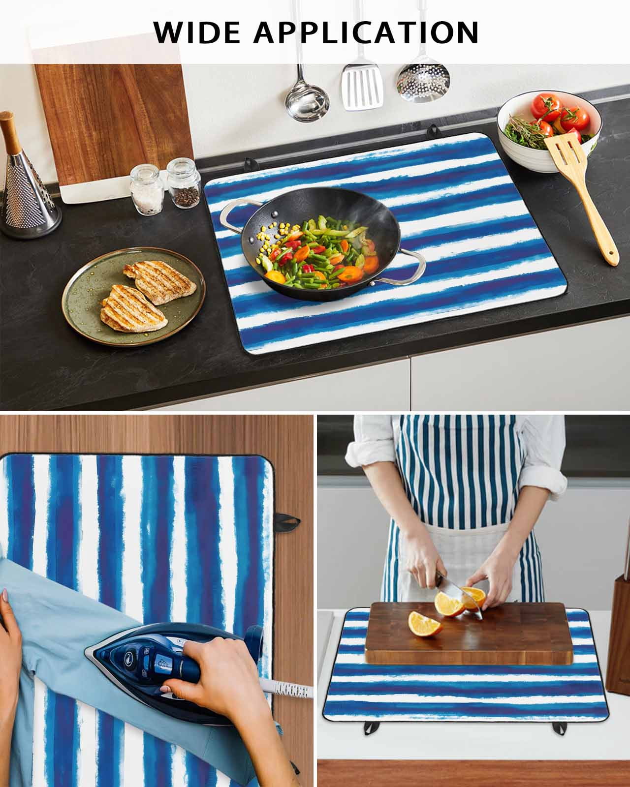 nqOlkjepod Large Induction Cooktop Protector Mat 24"x21", Blue Stripe Stove Top Covers for Electric Stove, Ocean Beach Watercolor White Geometric Stove Burner Cover Mats, Glass Top Stove Cover