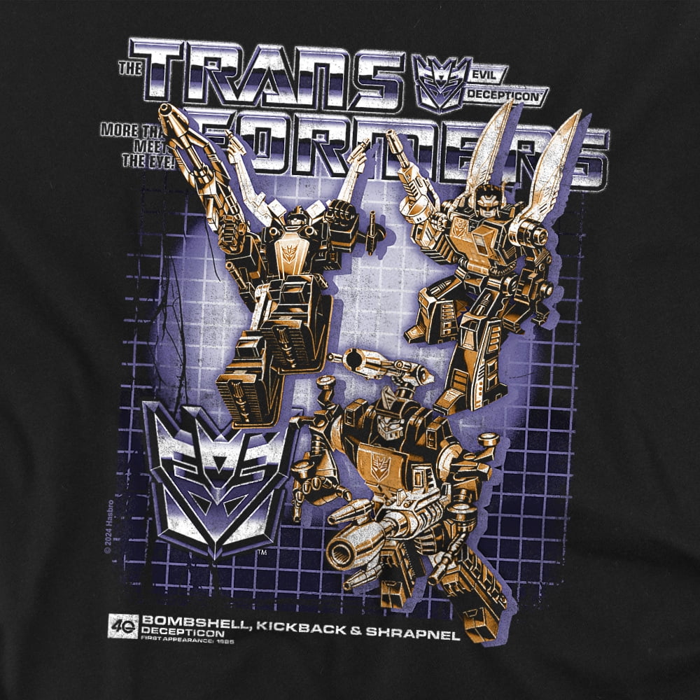 Transformers 40Th Anniversary T-Shirt Bombshell, Kickback, Shrapnel Box Unisex Graphic Tee for Men & Women