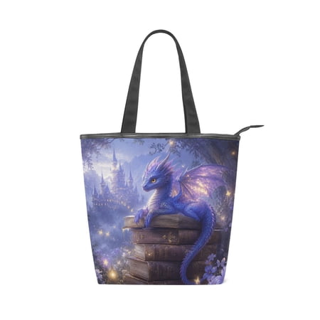 Large Capacity Canvas Tote Bag with Zipper Durable Canvas & Leather Shoulder Handbag All-over Print Tote for Work Commuter Shopping Travel Fantasy Dragon Castle Design