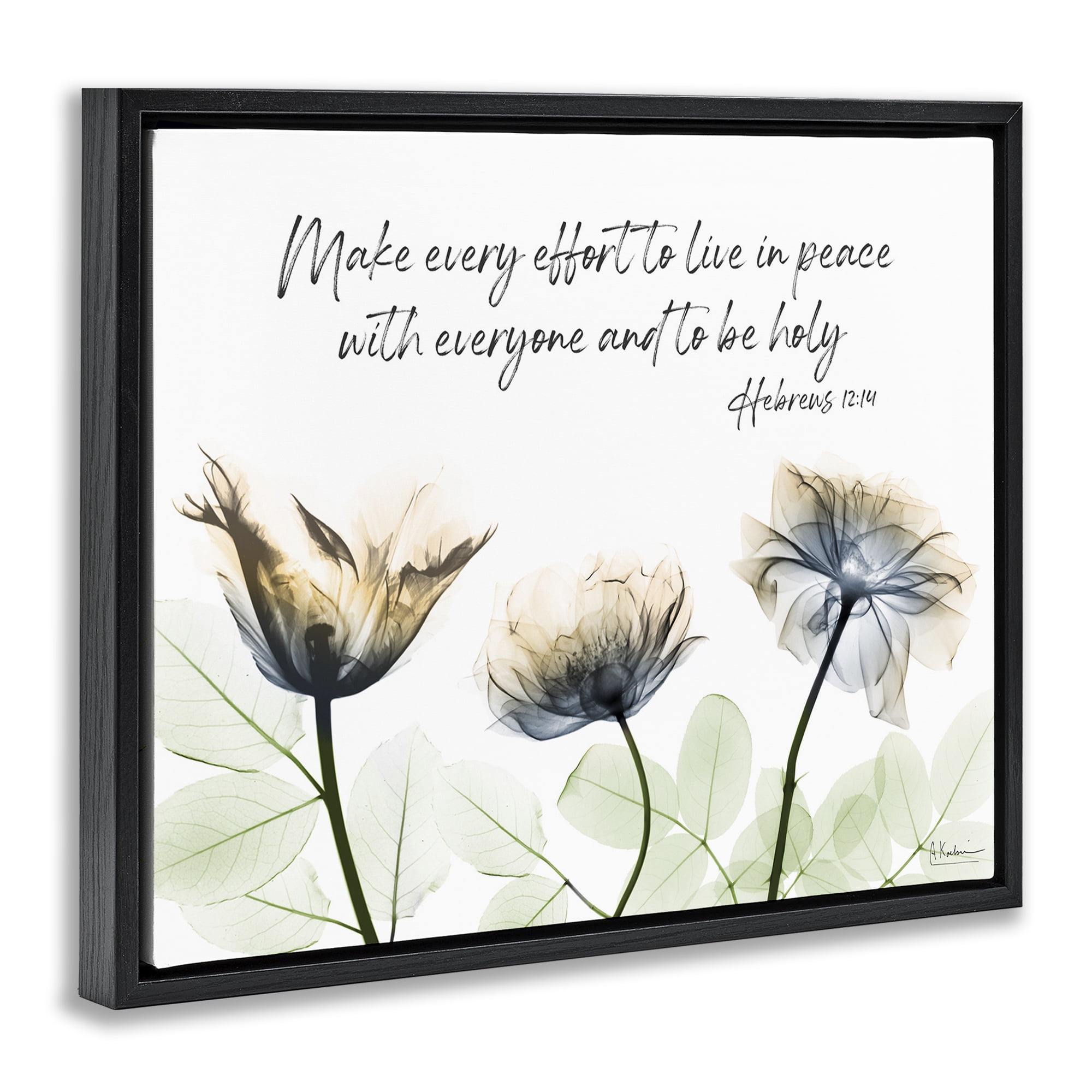 Stupell Industries Live In Peace Floral Religious Painting Black Floater Framed Art Print Wall Art, 31 x 25