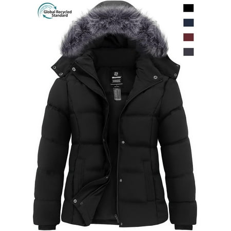 Wantdo Women's Recycled Winter Thicken Puffer Coats Windproof Winter Jacket with Removable Hood Black L