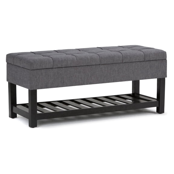Simpli Home Saxon 43 inch Wide Transitional Rectangle Storage Ottoman Bench in Slate Grey Linen Look Fabric