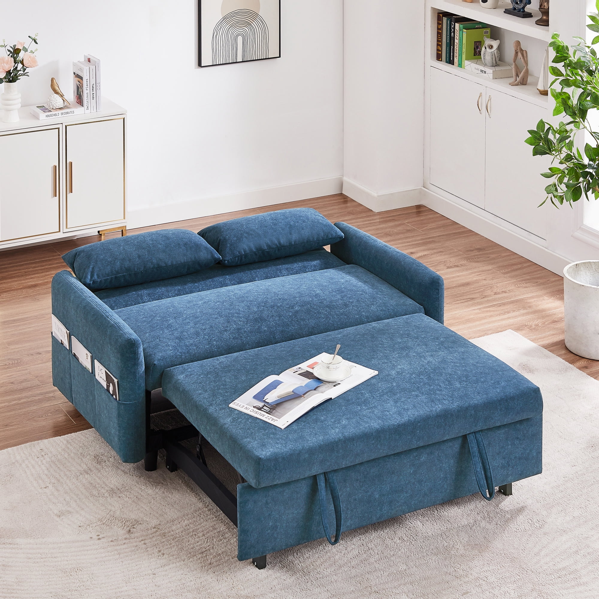 Harper & Bright Designs 55.1" Pull Out Sleep Sofa Bed Loveseats Sofa Couch with Adjsutable Backrest, Storage Pockets, 2 Soft Pillows for Living Room, Bedroom, Apartment, Office, Blue