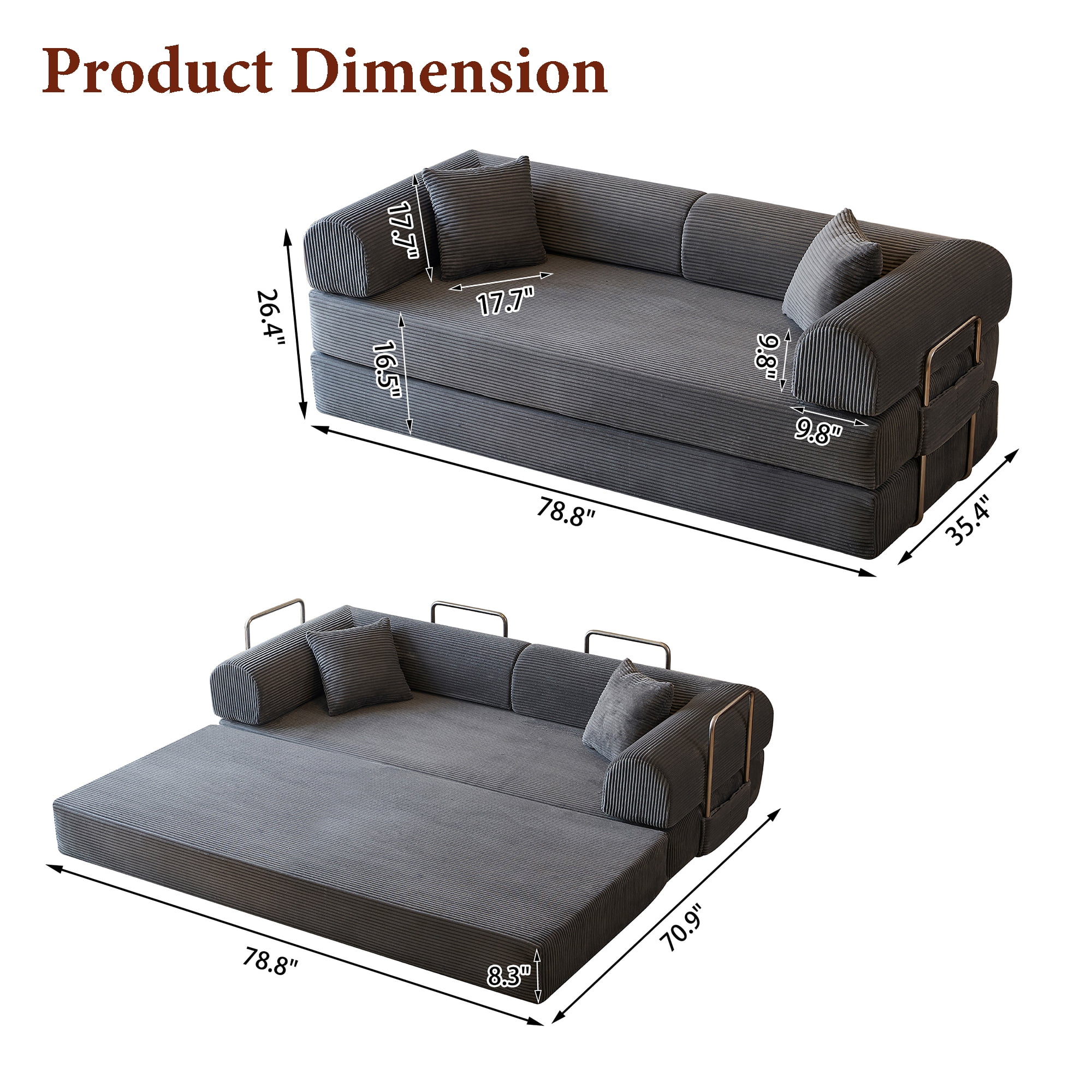 Howcool Convertible Floor Sofa Bed,78.8"W Corduroy Futon Sleeper,Boneless Modular Couch,Folding Floor Sofa Compression Sofa for Living Rooms,No Assembly Required,Gray